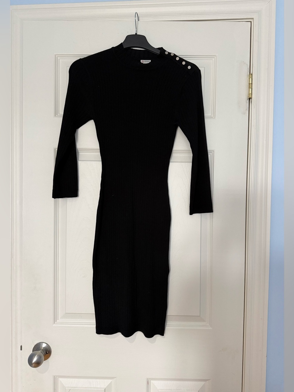 Guess Priscilla Black Ribbed Midi Dress with Shoulder Buttons
